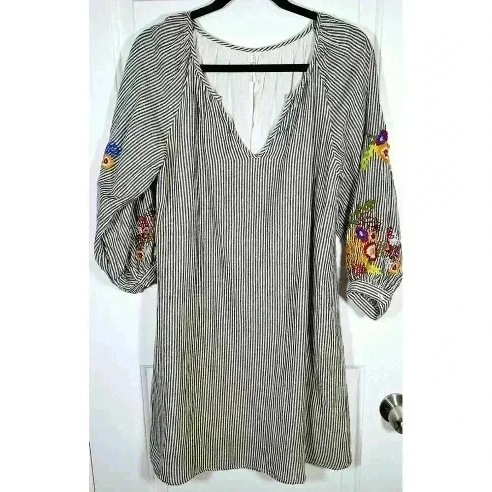 Feather & Bone Anthropologie Striped Floral Embroidered Balloon Sleeve Dress S